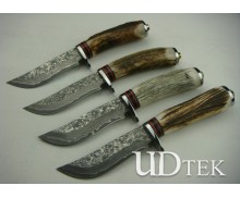 Hot Selling OEM Damascus Steel Hunting Knife Outdoor Knife with Steel + Antler Handle UDTEK01216